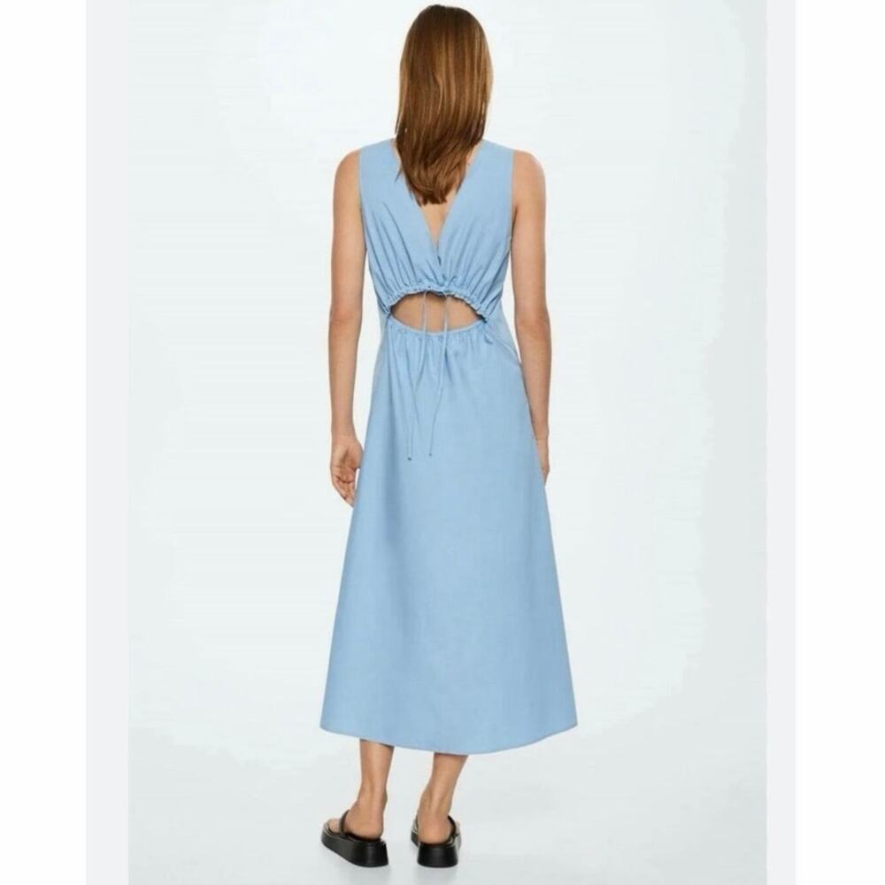 NWOT Mango Sky Blue Open Back Cutout Midi Dress 100% Cotton Size Medium